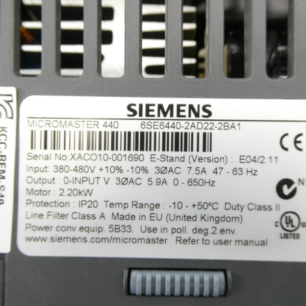 SIEMENS 6SE6440-2AD22-2BA1 380-480V 7.5A NSMP
