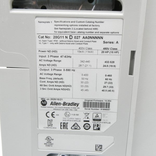 ALLEN BRADLEY 20G11ND027AA0NNNNN SER. A F/W 14.004 432-528VAC 24.8A NSNP