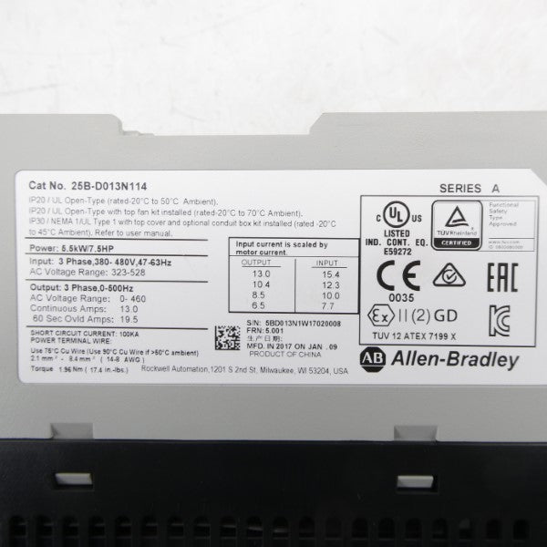 ALLEN BRADLEY 25B-D013N114 SER. A F/W 5.001 323-528VAC 15.4A NSMP