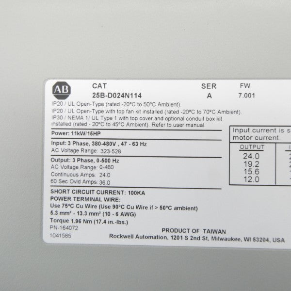 ALLEN BRADLEY 25B-D024N114 SER. A F/W 7.001 323-528VAC 26.4A NSMP