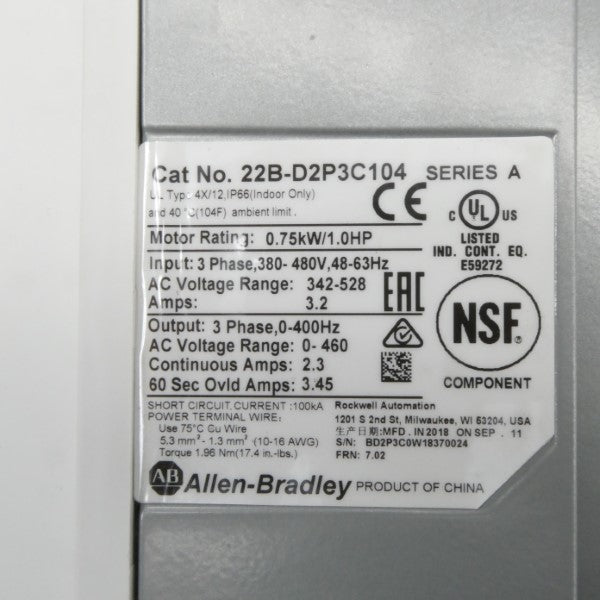 ALLEN BRADLEY 22B-D2P3C104 SER. A F/W 7.02 342-528VAC 3.2A NSMP
