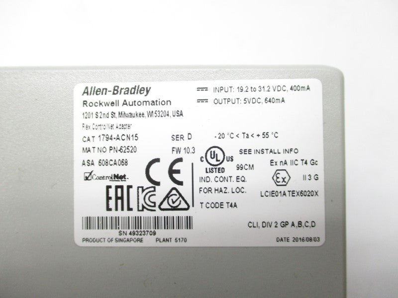 ALLEN BRADLEY 1794-ACN15 SER. D F/W 10.3 19.2-31.2VDC NSMP