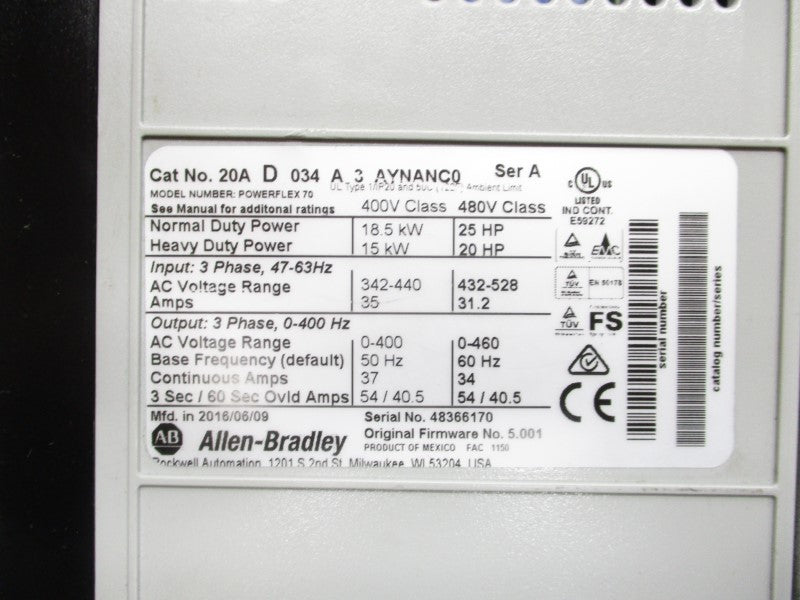 ALLEN BRADLEY 20AD034A3AYNANC0 SER. A F/W 5.001 432-528VAC 31.2A NSMP
