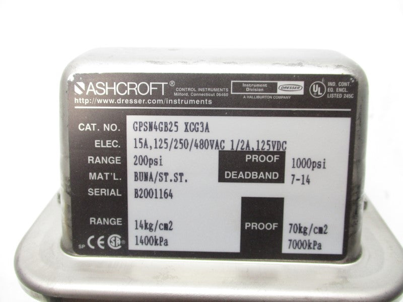 ASHCROFT GPSN4GB25XCG3A 480VAC 15A 200PSI NSMP