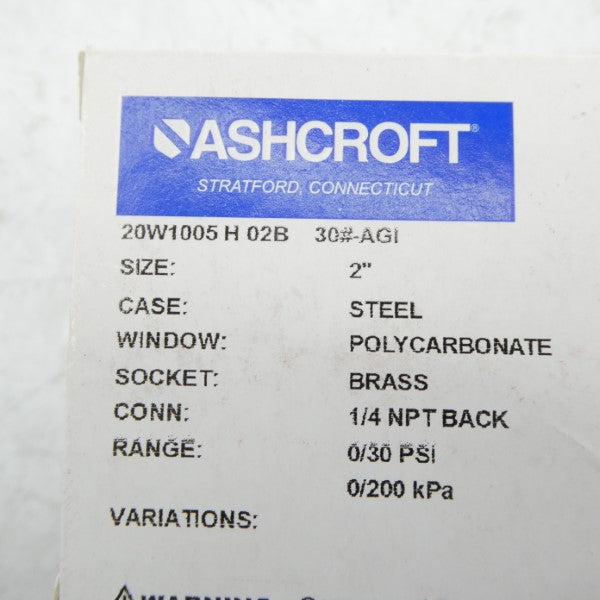ASHCROFT 20W1005H02B30#-AGI 30PSI 2" NSMP