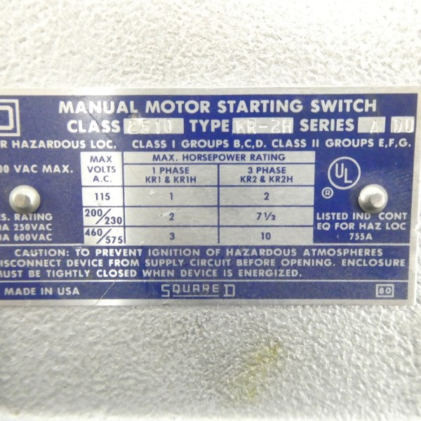 SQUARE D 2510KR-2H SER. A 600VAC 20A NSNP