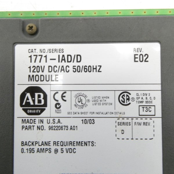 ALLEN BRADLEY 1771-IAD SER. D 120VDC/AC REV. E02 UNMP