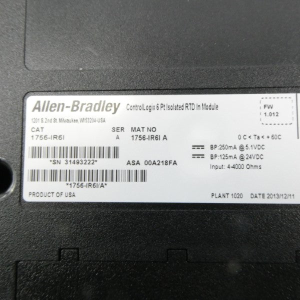 ALLEN BRADLEY 1756-IR6I SER. A F/W 1.012 24VDC REV. A01 (AS IS) NSMP