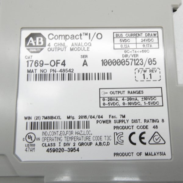 ALLEN BRADLEY 1769-OF4 SER. A F/W 1.1 24VDC 0.17A NSMP