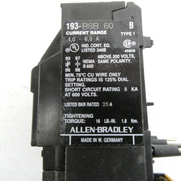 ALLEN BRADLEY 193-BSB60B SER. B 600V 4.0-6.0A (BK/YL) NSMP