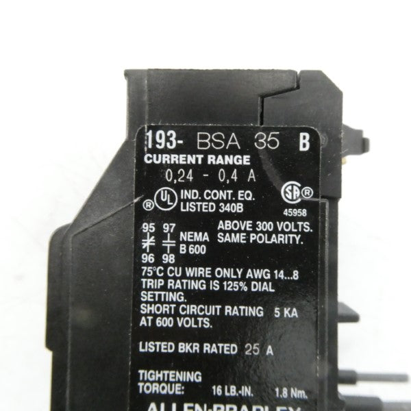 ALLEN BRADLEY 193-BSA35 SER. B 600V 0.24-0.4A NSNP