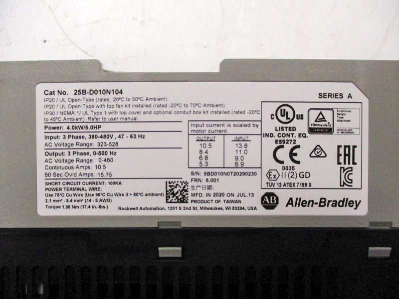 ALLEN BRADLEY 25B-D010N104 SER. A 323-528VAC 13.8A F/W 6.001 NSMP