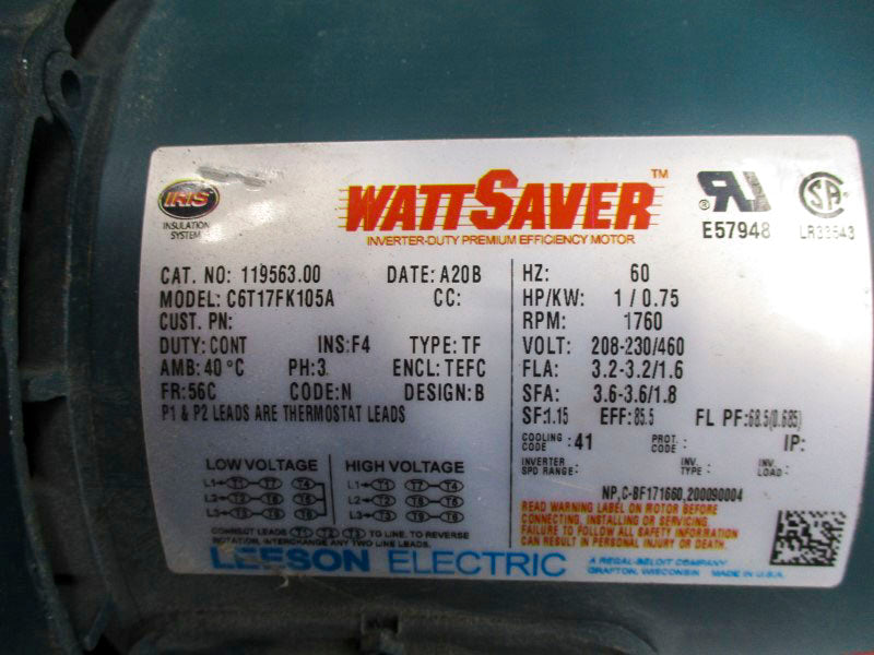 LEESON ELECTRIC 119563.00 W/ 105602100BQF 208-230/460V 3.2-3.2/1.6A NSNP