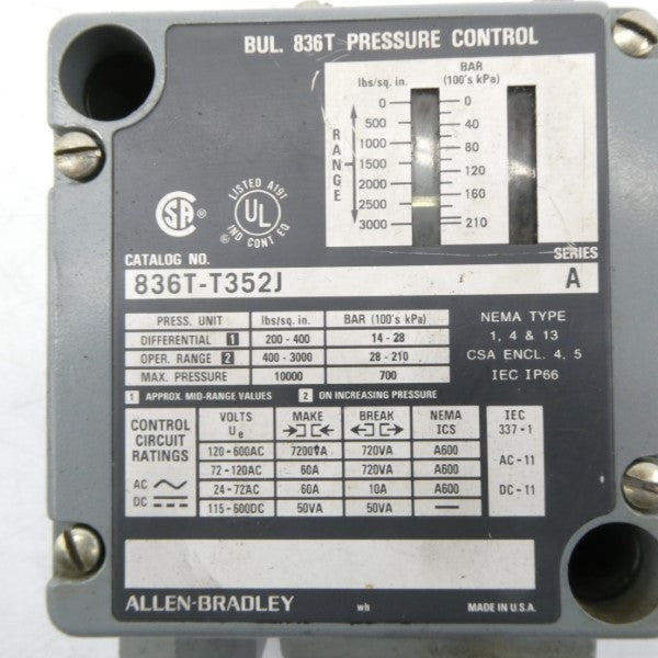 ALLEN BRADLEY 836T-T352J SER. A 120-600VAC 60A 400-3000PSI (AS PICTURED) (BR/WH) NSMP
