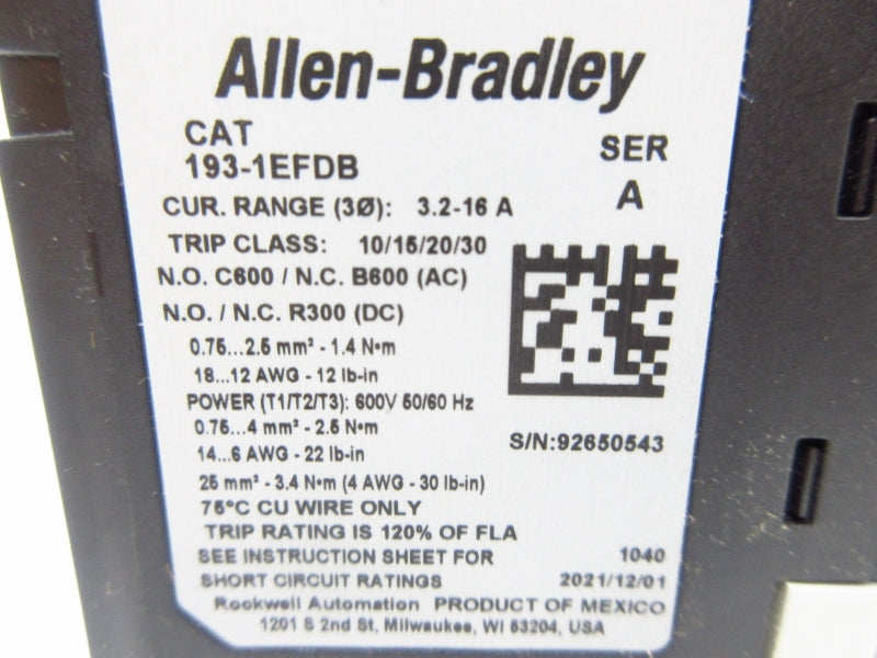 ALLEN BRADLEY 193-1EFDB SER. A 600V 3.2-16A (BR/WH) NSMP
