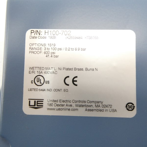 UNITED ELECTRIC H100-702 480VAC 15A 3-100PSI NSMP