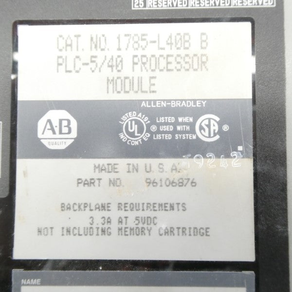 ALLEN BRADLEY 1785-L40B SER. B F/W C 5VDC 3.3A (NO KEY) NSNP