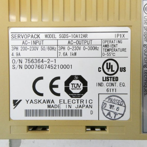 YASKAWA ELECTRIC SGDS-10A12AR 200-230V 4.9A UNMP