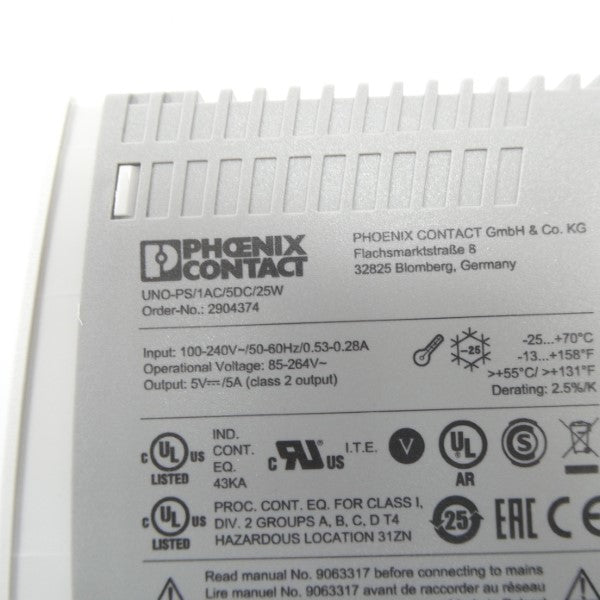 PHOENIX CONTACT UNO-PS/1AC/5DC/25W 2904374 100-240V 0.53-0.28A NSMP