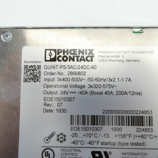 PHOENIX CONTACT QUINT-PS/3AC/24DC/40 2866802 400-500V 1-1.7A NSMP