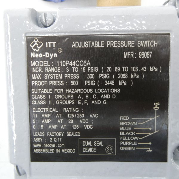 ITT 110P44CC6A 125/250VAC 11A 3-15PSI NSMP