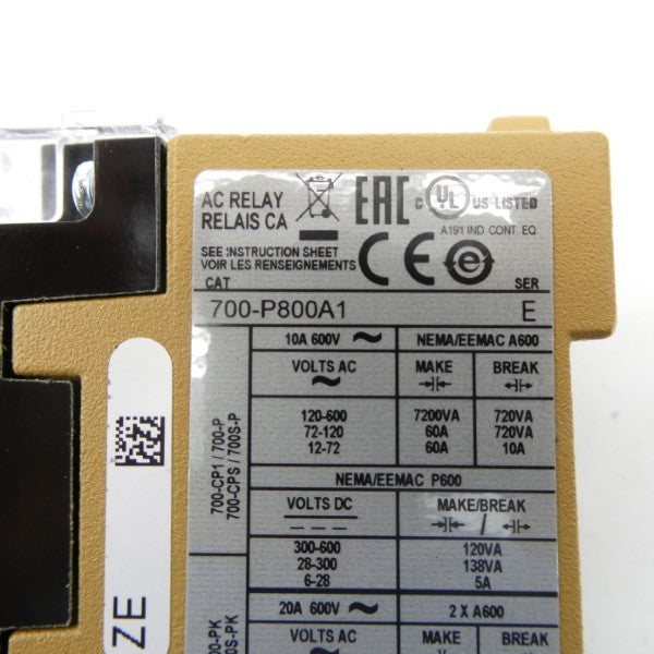 ALLEN BRADLEY 700-P8000A1 SER. E 110/115-120V 10A (WH) NSMP