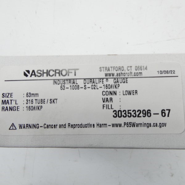 ASHCROFT 63-1008-S-02L-160#/KP 160PSI 63MM NSMP