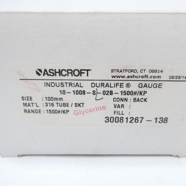 ASHCROFT 10-1008-S-02B-1500#/KP 1500PSI 100MM NSMP