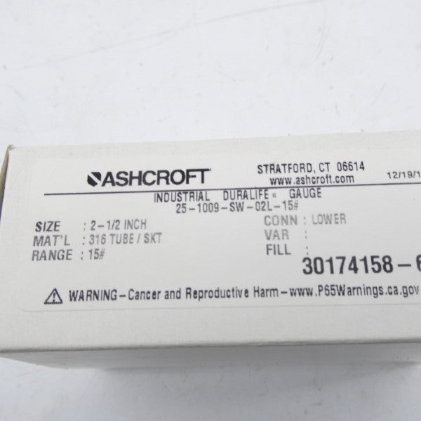 ASHCROFT 25-1009-SW-02L-15# 15PSI 2-1/2" NSMP