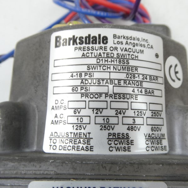 BARKSDALE D1H-H18SS 250VAC 10A 0.4-18PSI NSNP