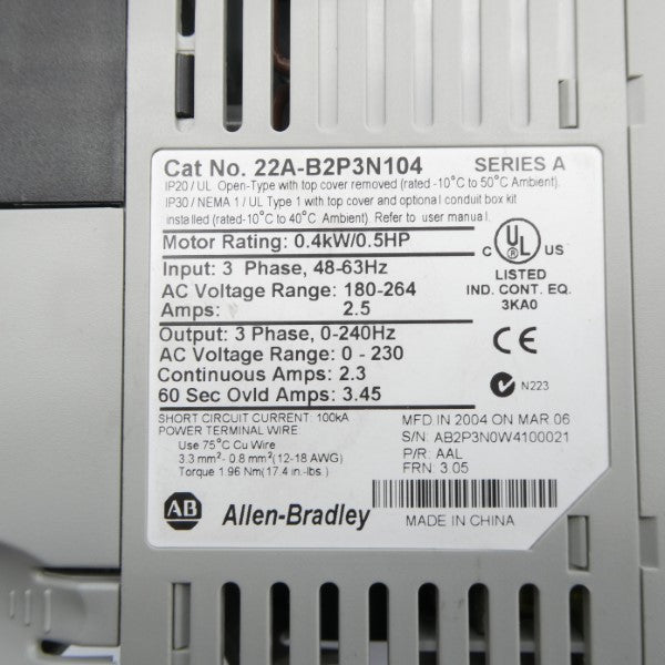 ALLEN BRADLEY 22A-B2P3N104 SER. A F/W 3.05 180-264VAC 2.5A NSNP