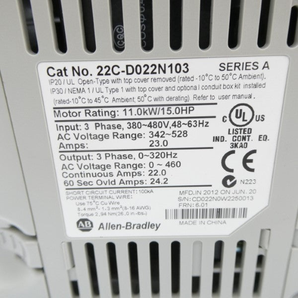 ALLEN BRADLEY 22C-D022N103 SER. A F/W 6.01 342-528VAC 23.0A NSNP