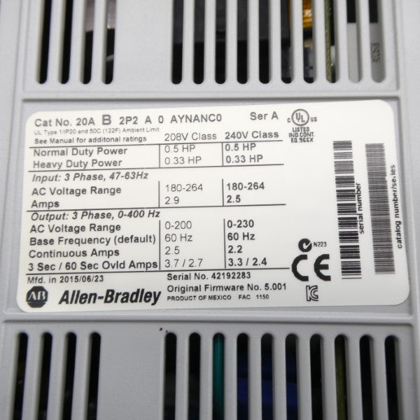 ALLEN BRADLEY 20AB2P2A0AYNANC0 SER. A F/W 5.001 180-264VAC 2.5A NSNP