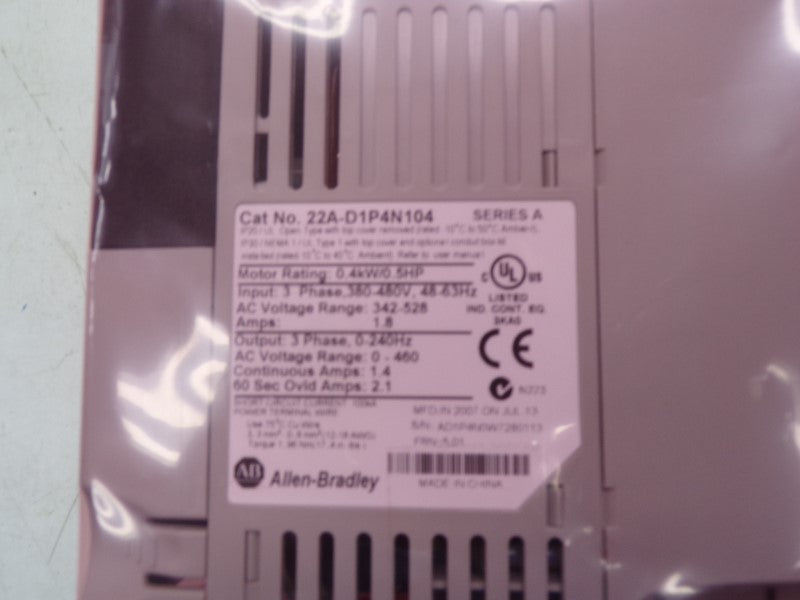 ALLEN BRADLEY 22A-D1P4N104 SER. A F/W 5.01 342-528V 1.8A NSMP