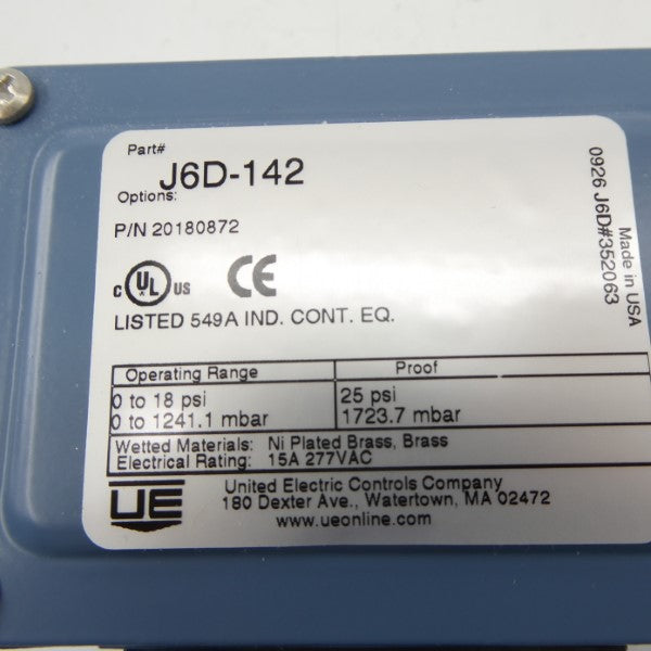 UNITED ELECTRIC J6D-142 20180872 277VAC 15A 0-18PSI NSMP