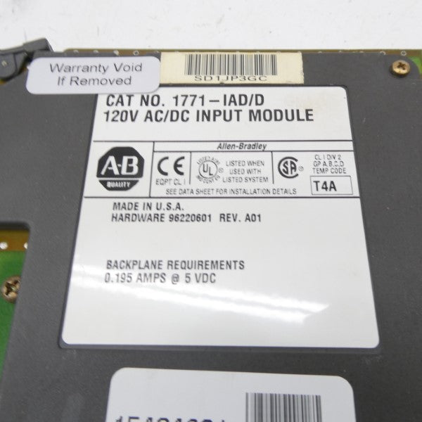 ALLEN BRADLEY 1771-IAD SER. D 120VAC/DC 0.195A REV. A01 NSMP