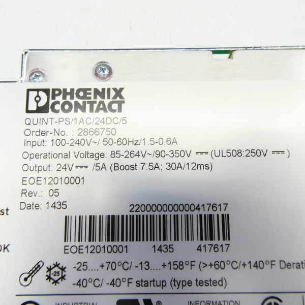 PHOENIX CONTACT QUINT-PS/1AC/24DC/5 2866750 100-240VAC 0.6-1.5A NSNP