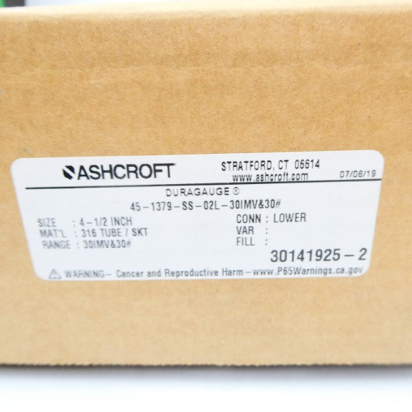 ASHCROFT 45-1379-SS-02L-30IMV&30# 4-1/2" NSMP