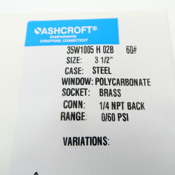 ASHCROFT 35W1005H02B60# 60PSI 3-1/2" NSMP