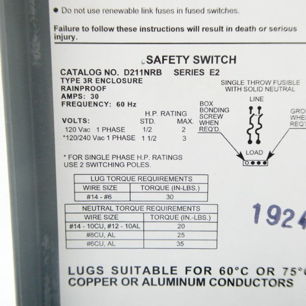 SQUARE D D211NRB SER. E2 120/240VAC 30A NSNP