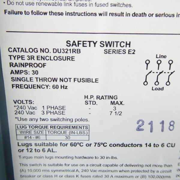 SQUARE D DU321RB SER. E2 240VAC 30A NSNP
