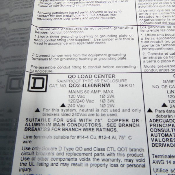 SQUARE D QO2-4L60NRNM SER. G1 120/240VAC 60A NSNP