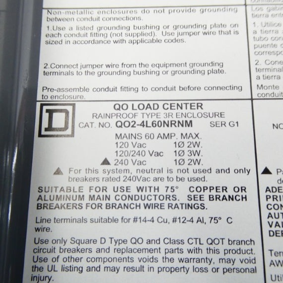 SQUARE D QO2-4L60NRNM SER. G1 120/240VAC 60A (NO BREAKER) NSNP