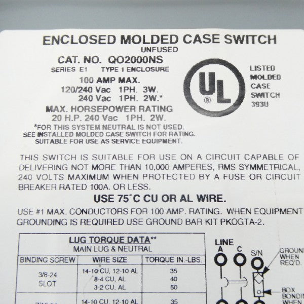 SQUARE D QO2000NS SER. E1 120/240VAC 100A NSNP