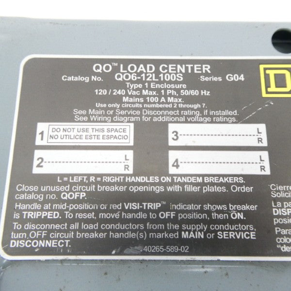 SQUARE D QO6-12L100S SER. G04 120/240VAC 100A NSNP