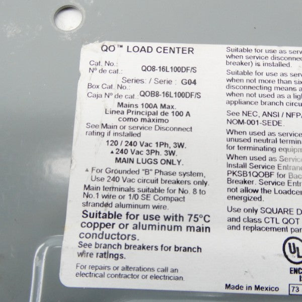 SQUARE D QO8-16L100DF/S SER. G04 120/240VAC 100A NSNP