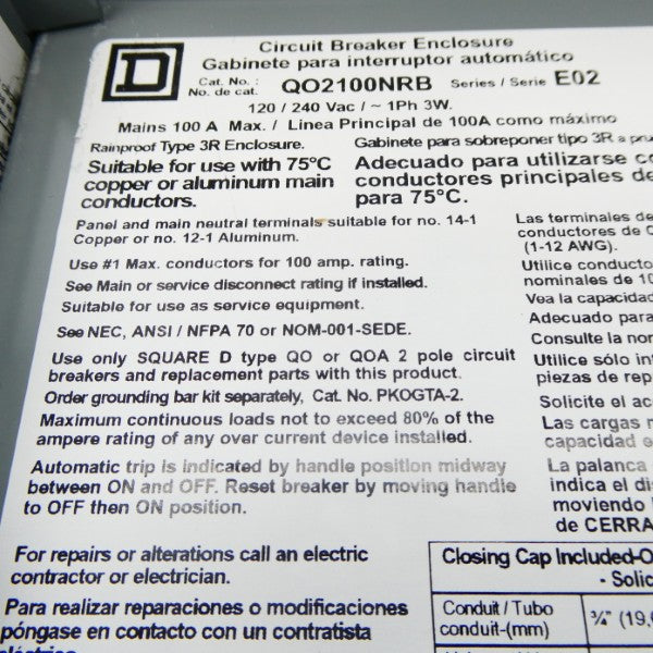 SQUARE D QO2100NRB SER. E02 120/240VAC 100A (AS PICTURED) NSNP