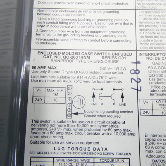 SQUARE D QO-200TRNM SER. G01 240V 60A (NO BREAKER) NSNP