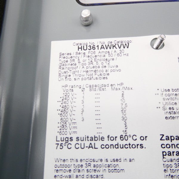 SQUARE D HU361AWKVW SER. F06 600V 30A NSNP
