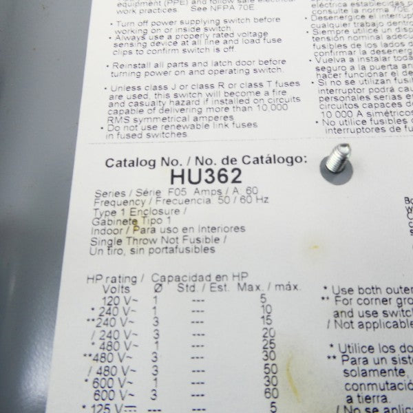 SQUARE D HU362 SER. F05 600V 60A NSNP